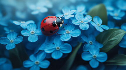 A vibrant red ladybug resting on delicate blue forget-me-not flowers in a serene natural setting