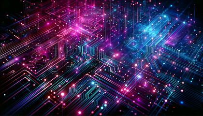 Background Technology A futuristic background with neon pink, purple, and blue lines forming intricate patterns, resemblin4