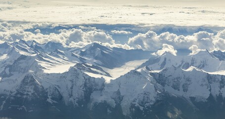 Aerial view of the mountains Eiger, Mönch and Jungfrau and the Great Aletsch Glacier at the back, Bernese Alps, Switzerland, Europe