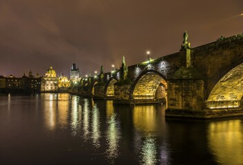 Moldova, Charles Bridge, Bridge Tower, night scene, historic centre, Prague, Bohemia, Czech...