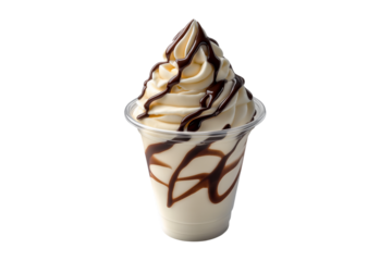 Vanilla soft serve ice cream with chocolate syrup in plastic cup isolated on transparent background Generative Ai.