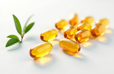 Transparent probiotic capsules neatly laid out on a white background. The capsules are brightly colored, which emphasizes their natural composition. The background is neutral.