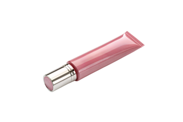 Pink lip gloss tube with metallic cap. A sleek, reflective design and shimmering pink tones make this cosmetic product stand out elegantly, isolated on a transparent background