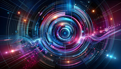 Obraz premium Background Technology A dynamic, abstract background filled with concentric circles and geometric shapes in shades of blue3