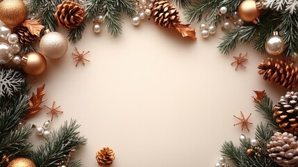 Fototapeta premium Festive christmas border with pinecones ornaments fir branches and snowflakes