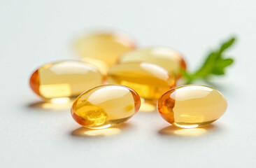 Transparent probiotic capsules neatly laid out on a white background. The capsules are brightly colored, which emphasizes their natural composition. The background is neutral.