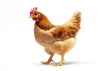 Fototapeta premium A domestic chicken featuring a bright red comb on its head, suitable for rural or farm-themed imagery