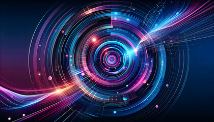 Obraz premium Background Technology A dynamic, futuristic abstract design with concentric circles and geometric shapes in blue, pink, an4
