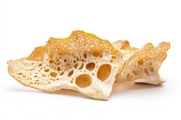 A close-up view of a single slice of bread on a clean, white surface