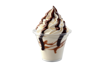 Vanilla soft serve ice cream with chocolate syrup in plastic cup isolated on transparent background Generative Ai.
