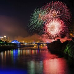 Nighttime cityscape with vibrant fireworks reflecting over water near a bridge, AI generated