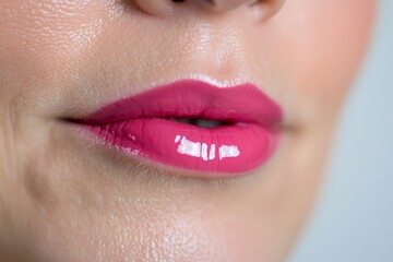 Naklejka premium Close-up of glossy pink lips with smooth skin texture, focusing on beauty and cosmetic lip care.
