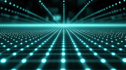 Obraz premium Abstract digital grid with glowing teal points stretching into the distance. Futuristic data visualization and cyberspace concept.