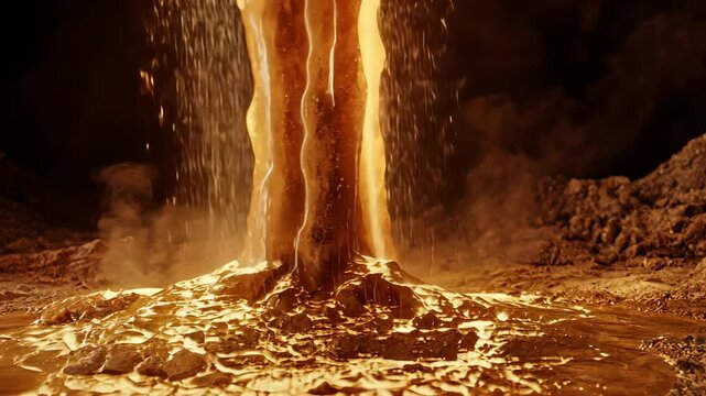 Lava erupts from a volcano creating a spectacular display of molten rock and steam at sunset on a remote island