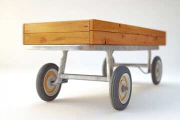 Fototapeta premium A wooden bench on wheels, situated on a white surface