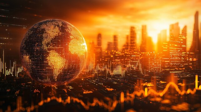 Futuristic golden globe with digital patterns over a vibrant cityscape at sunset