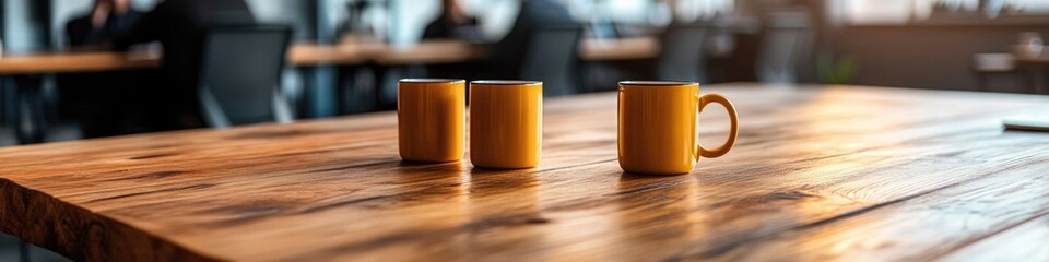 Two ceramic coffee mugs sitting on top of a wooden table, perfect for a morning routine or as a decorative piece