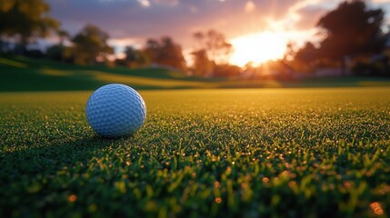 Golf ball resting on the green of a serene golf course at sunset capturing the tranquility of the game