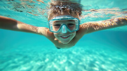 Fototapeta premium Caucasian young boy swimming underwater with goggles in clear blue pool