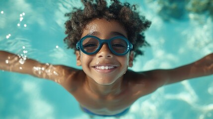 Naklejka premium African child swimming underwater with goggles smiling joyfully