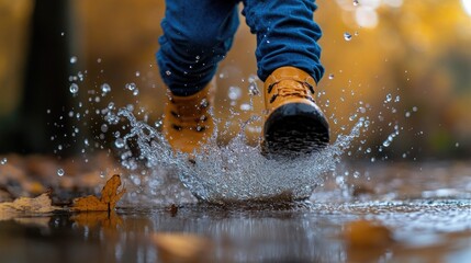 Child splashing water in autumn puddle wearing yellow boots and blue jeans