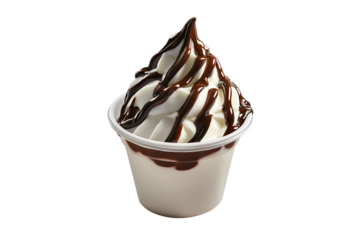 Vanilla soft serve ice cream with chocolate syrup in plastic cup isolated on transparent background Generative Ai.