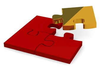 Red puzzle with one golden piece on a white background