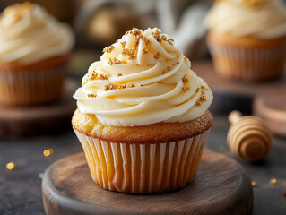 Honey cake cupcakes with honey frosting and gold flakes, styled on wooden boards.