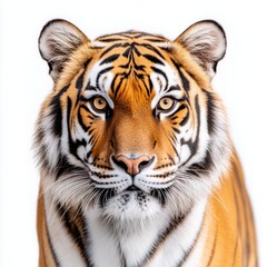 Fototapeta premium Majestic Bengal tiger with vibrant orange fur gazing directly, set against a white backdrop for a striking visual impact