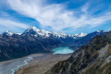 landscape in the mountains with glacier lake