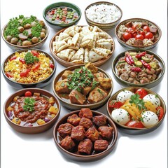 A collection of diverse dishes including appetizers, main courses, and salads arranged in a vibrant display, AI generated