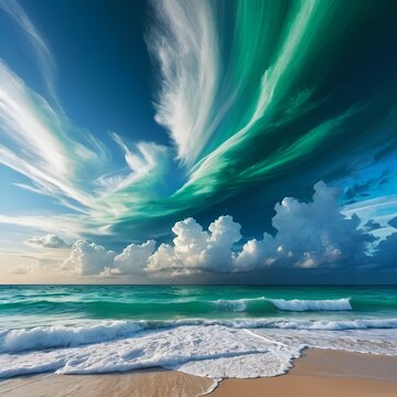 Un cielo profundo y vibrante lleno de nubes azules arremolinadas sobre un pac&iacute;fico mar esmeralda.