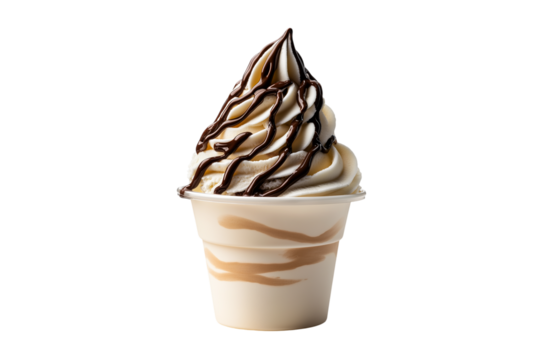 Vanilla soft serve ice cream with chocolate syrup in plastic cup isolated on transparent background Generative Ai.