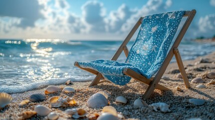 Fototapeta premium Relaxing Beach Chair by the Shore with Seashells and Waves