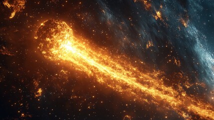 A glowing comet with a long, radiant tail streaking across the starry night sky, leaving a trail of light in its wake