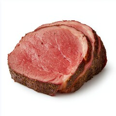 Thick slice of cooked roast beef resting on a clean white surface ready to be served or enjoyed in a meal