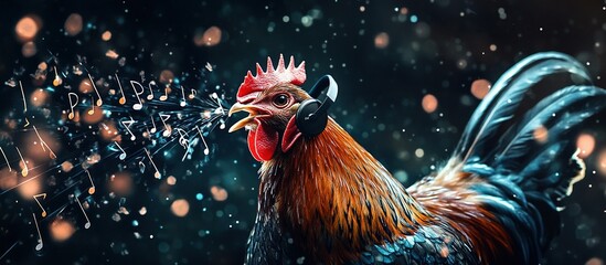 Rooster singing with headphones, notes, bokeh.