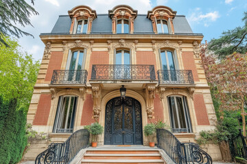 Obraz premium A historic townhouse in the heart of Paris, with wrought-iron balconies and a classic French design