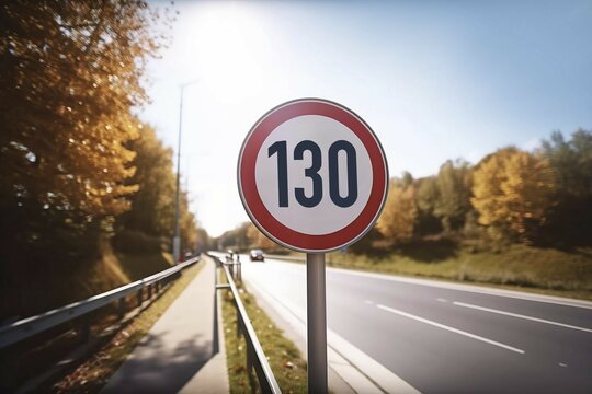 Speed limit road sign of 130 khm on German Autobahn street. Generative AI