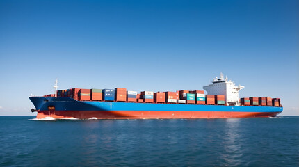 Obraz premium A cargo ship loaded with colorful containers navigating through an international shipping route under a clear sky