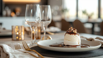 Birne Helene dessert served in a sophisticated home dining setup with golden tableware.