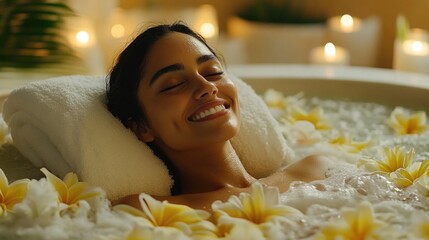 Young hispanic woman relaxing in floral bubble bath with candles