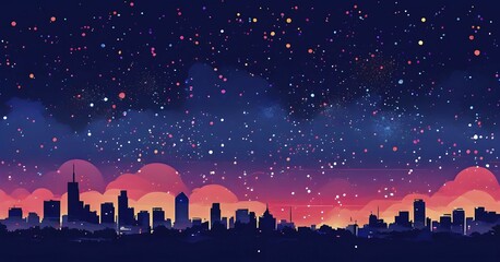 Minimalist, geometric skyline at night, with subtle fireworks in the sky, represented by colorful dots and simple, clean lines, AI generated