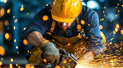 Industrial worker using angle grinder creating sparks in metalworking workshop