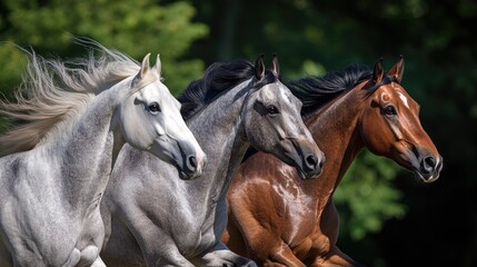 Fototapeta premium A group of horses running together in a straight line, conveying movement and energy