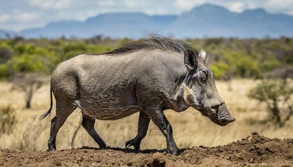 Fototapeta premium AI generated, animal, animals, mammal, mammals, biotope, habitat, one, single animal, foraging, wildlife, wild boar, warthog, (Sus scrofa scrofa) sideways, Africa, blue sky, AI generated