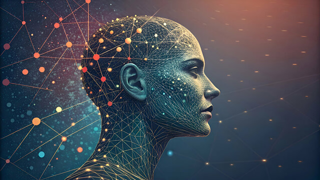Artificial Intelligence, abstract artistic human head portrait made of dotted particles array, vector software digital visual interface
