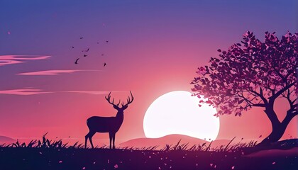 Abstract minimalist spring scene with a single, sharp silhouette of a deer and of a blooming tree, beautiful sunrise, AI generated