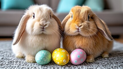 Adorable lop-eared rabbits with colorful easter eggs on a carpet