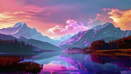 AI generated painting of a surreal landscape with mountains and a lake with digital brush strokes intertwining with watercolor AI generated painting of a surreal landscape with digital brush strokes intertwining with watercolor and photographic nature shots